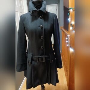 Women's Elegant Black Knee Length Wool-blend Coat EUC